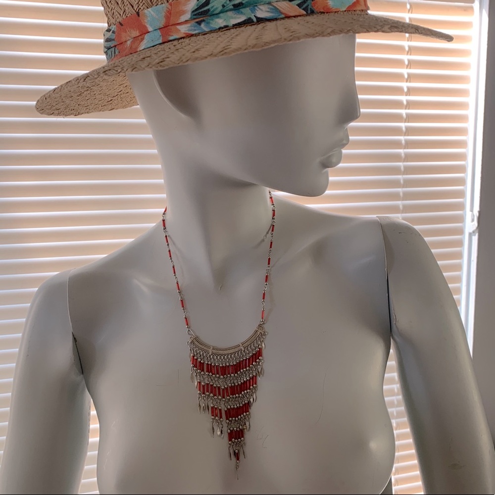 Red and Silver Necklace with Pretty Movement